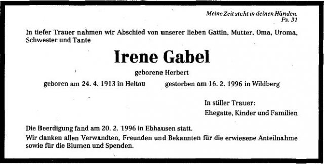 Herbert Irene 1913-1996 Todesanzeige